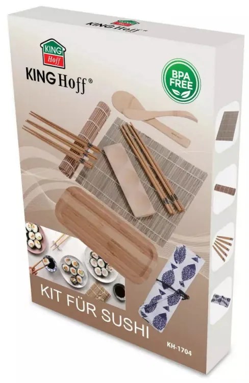 Set sushi Kinghoff KH 1704, 11 piese., bambus 100%, fara BPA, Maro