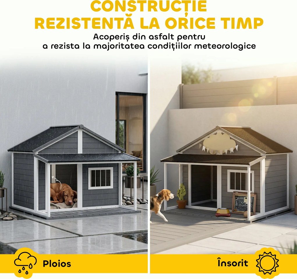 PawHut Casuță din Lemn de Exterior pentru Câini, Cușcă pentru Câini cu Terasă, Fereastră și Acoperiș Impermeabil, 124x112x105 cm, Gri | Aosom Romania