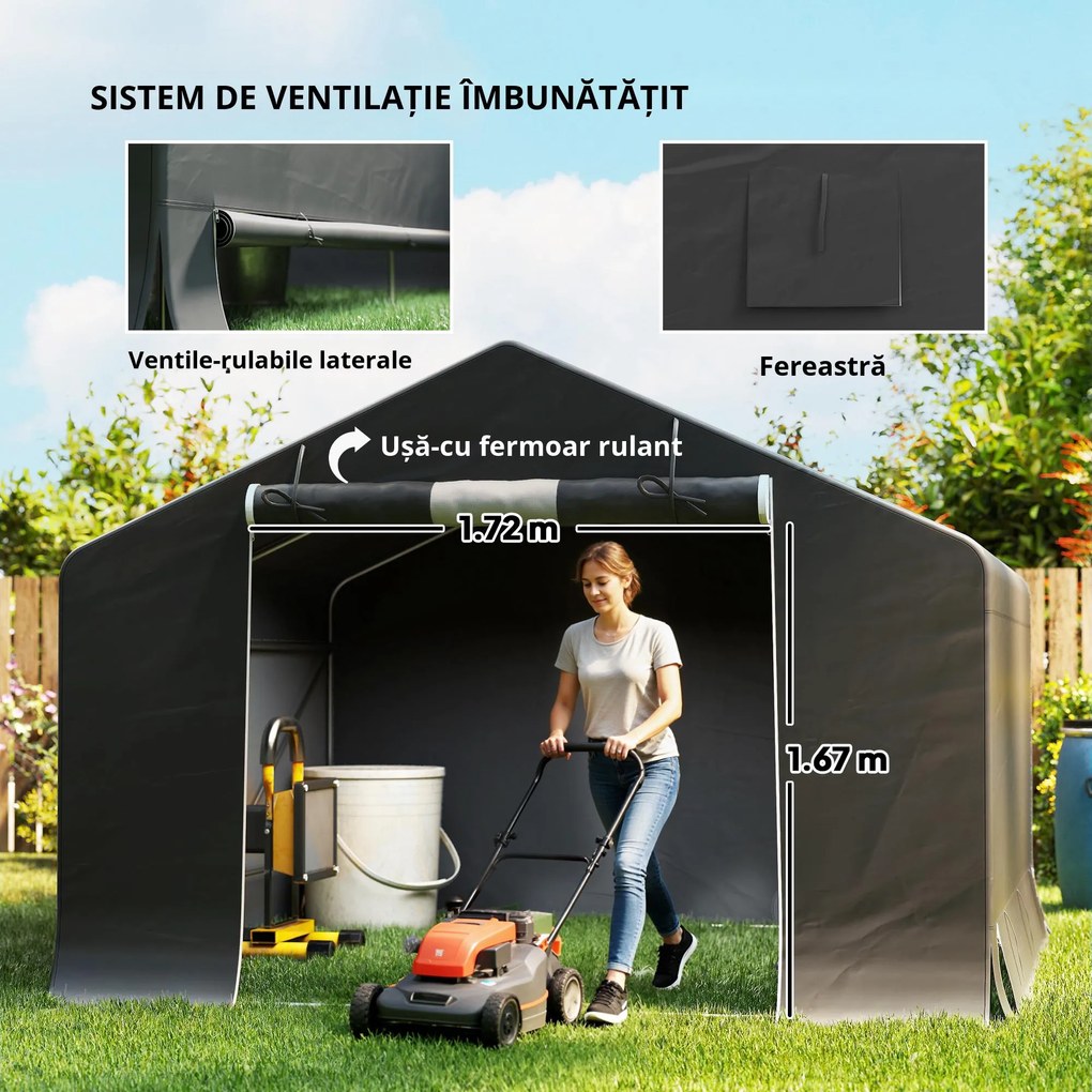 Outsunny Magazie de grădină portabilă, cort pentru biciclete, ușă rulabilă cu fermoar, cadru metalic, depozitare versatilă, gri închis | Aosom Romania