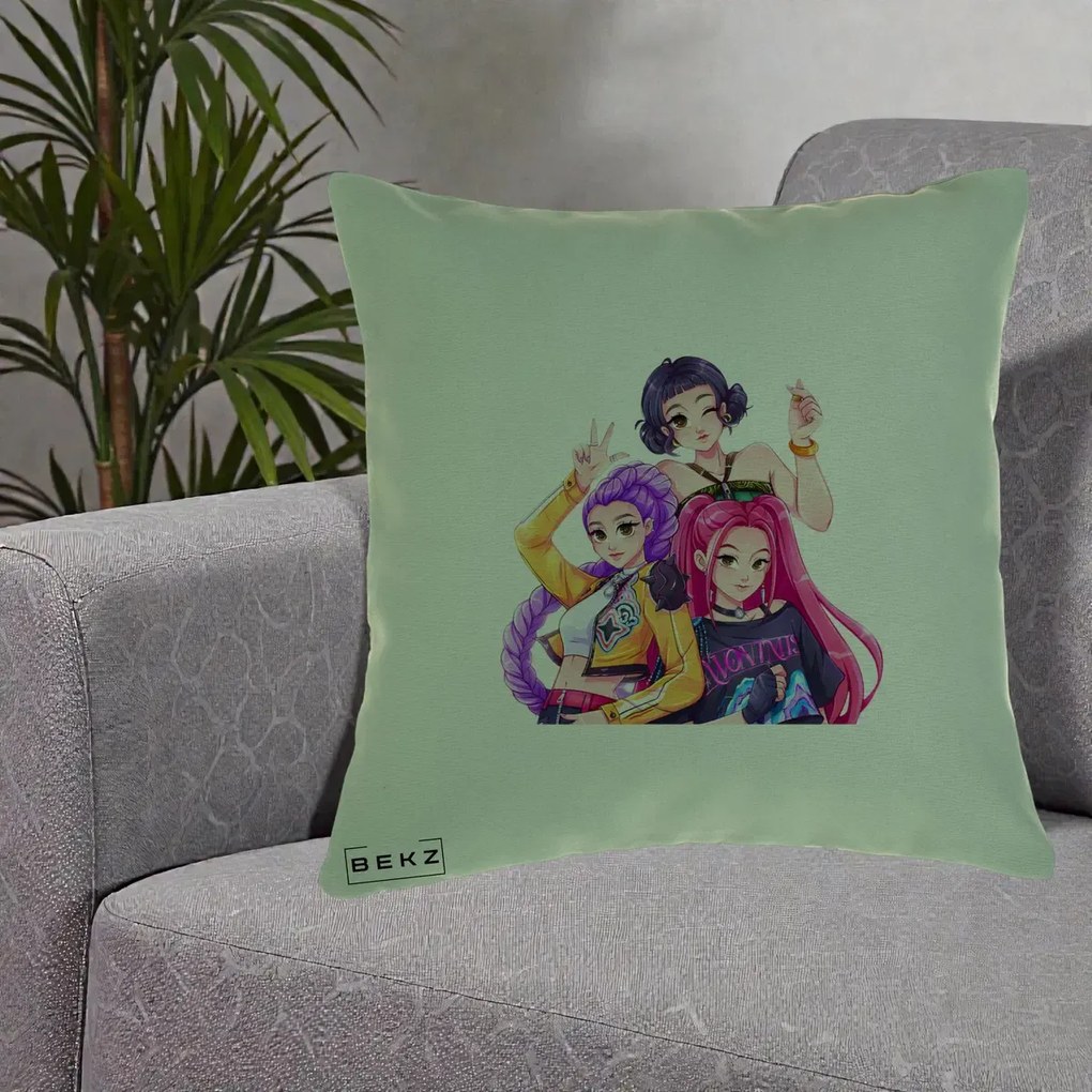 Perna Personalizata K-pop HUNTRX Trio Animat Fete Foto, 40x40 cm, Verde, Husa Detasabila, Perna Inclusa, BEKZ®