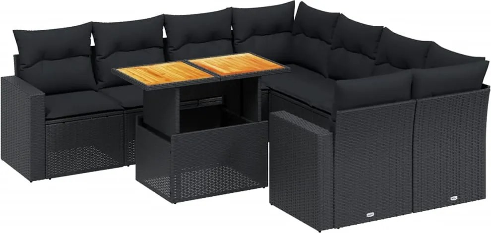 vidaXL Set mobilier de grădină cu perne, 9 piese, negru, poliratan