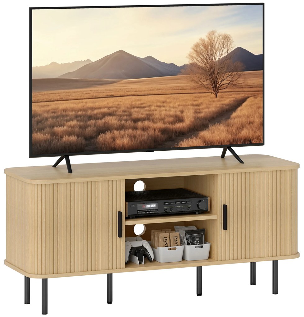 HOMCOM Dulap TV cu 2 Dulapuri, 2 Rafturi și 2 Orificii pentru Cabluri, Mobilier TV din Lemn, 120x40x55 cm, Lemn Natural | Aosom Romania