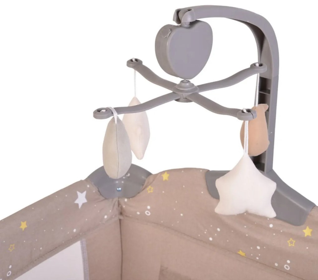 Patut pliant transformabil in tarc copii NOVOKIDS™ Onceuponatime NEST, 62X125 cm, 2 Niveluri, Jucarie Carusel muzical, Fermoar acces lateral, Bej