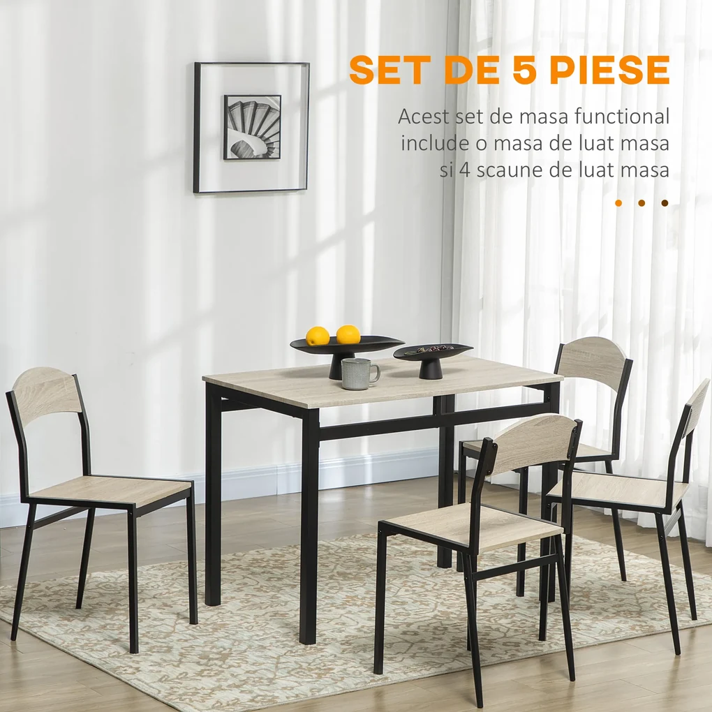 Set HOMCOM de Masă și 4 Scaune, Design Dreptunghiular, Oțel și MDF, Negru și Lemn Natural, 100x63x76.5cm și 45x40x82cm | Aosom Romania