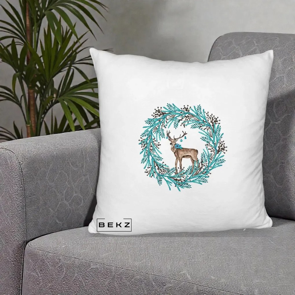 Perna Decorativa Coroana Turcoaz cu Ren, 40x40 cm, Alb Pufos, Husa Detasabila, Perna Inclusa, BEKZ®