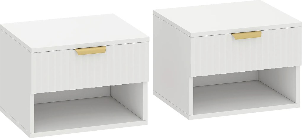 HOMCOM Set de 2 Noptiere Suspendate cu Panouri Canelate, Sertar și Raft, 40x34x29 cm, Alb | Aosom Romania