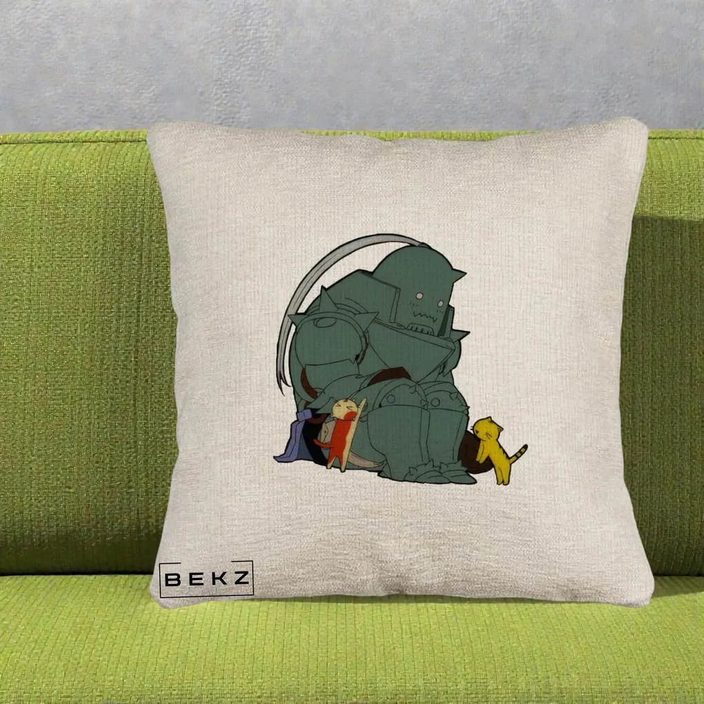 Perna Personalizata Fullmetal Alchemist Alphonse cu Pisici, 40x40 cm, Bej Canapea, Husa Detasabila, Perna Inclusa, BEKZ®