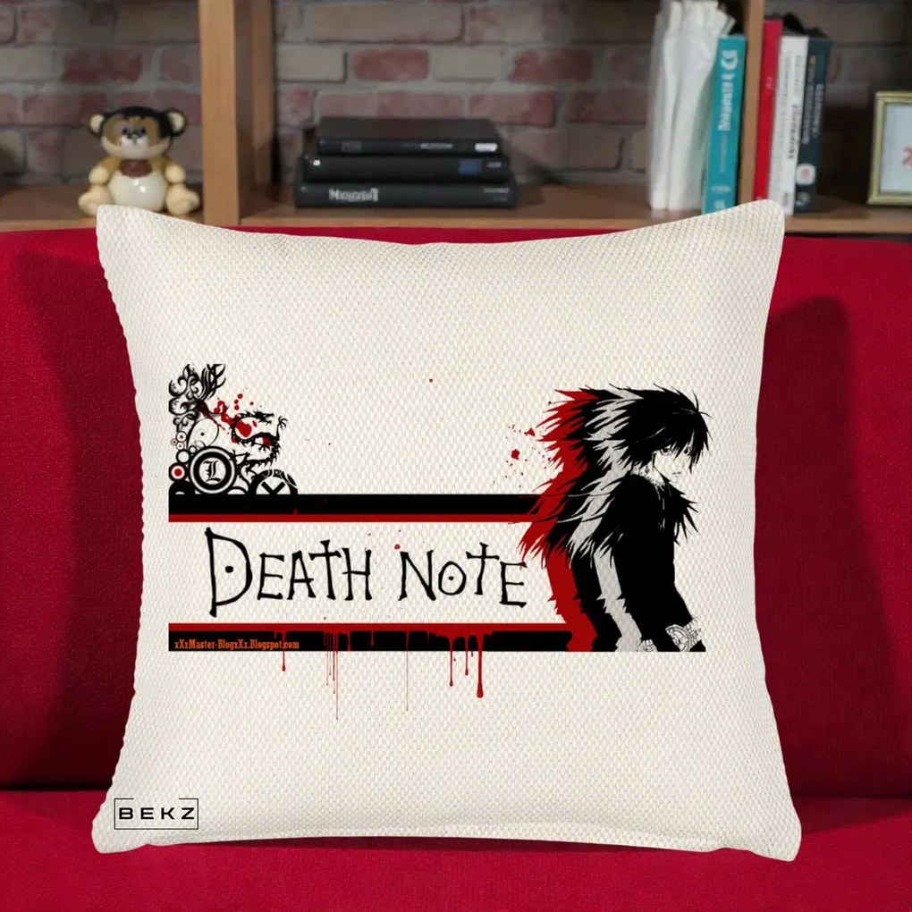 Perna Personalizata Death Note L Lawliet Rosu-Negru, 40x40 cm, Crem Reliefat, Husa Detasabila, Perna Inclusa, BEKZ®