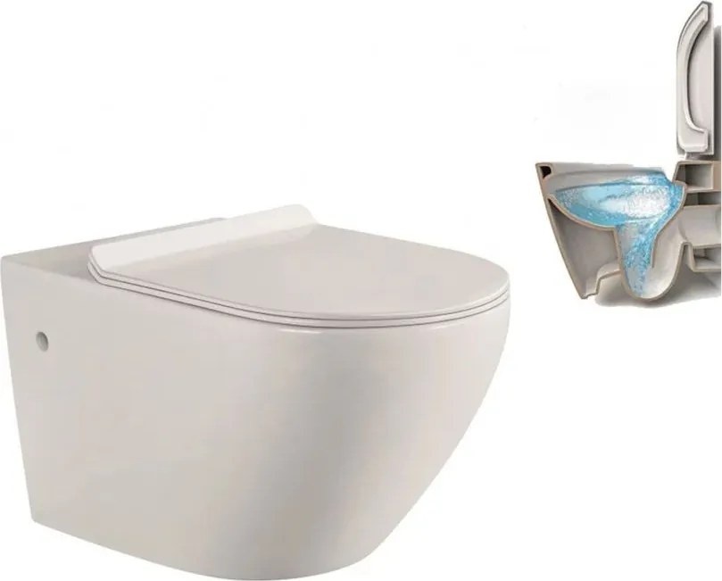 Set vas WC suspendat Inter Ceramic Rimless cu capac slim alb lucios functie bideu