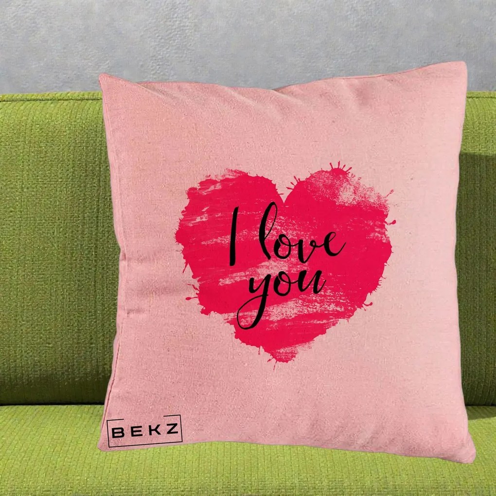 Cadou Romantic - Perna Personalizata I Love You Inima Roz, 40x40 cm, Roz, Husa Detasabila, Perna Inclusa, BEKZ®
