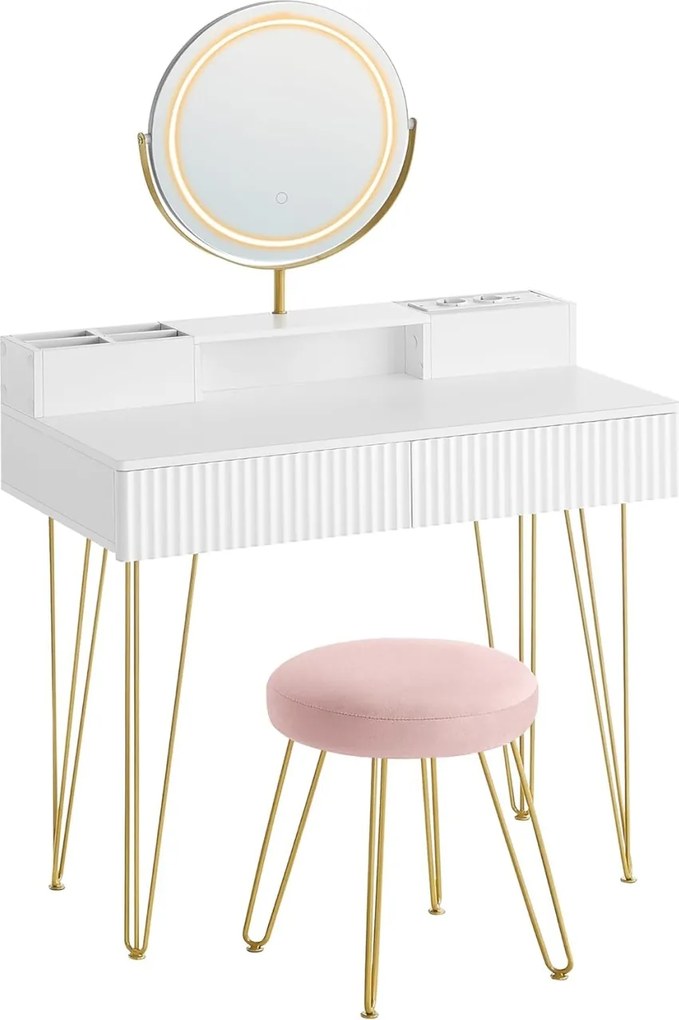 Masuta machiaj alba cu Oglinda LED si 2 Sertare pentru Cosmetice, Set Masa toaleta 80 cm sau 100 cm, masuta cosmetica cu Riflaj, vanity - SEA801