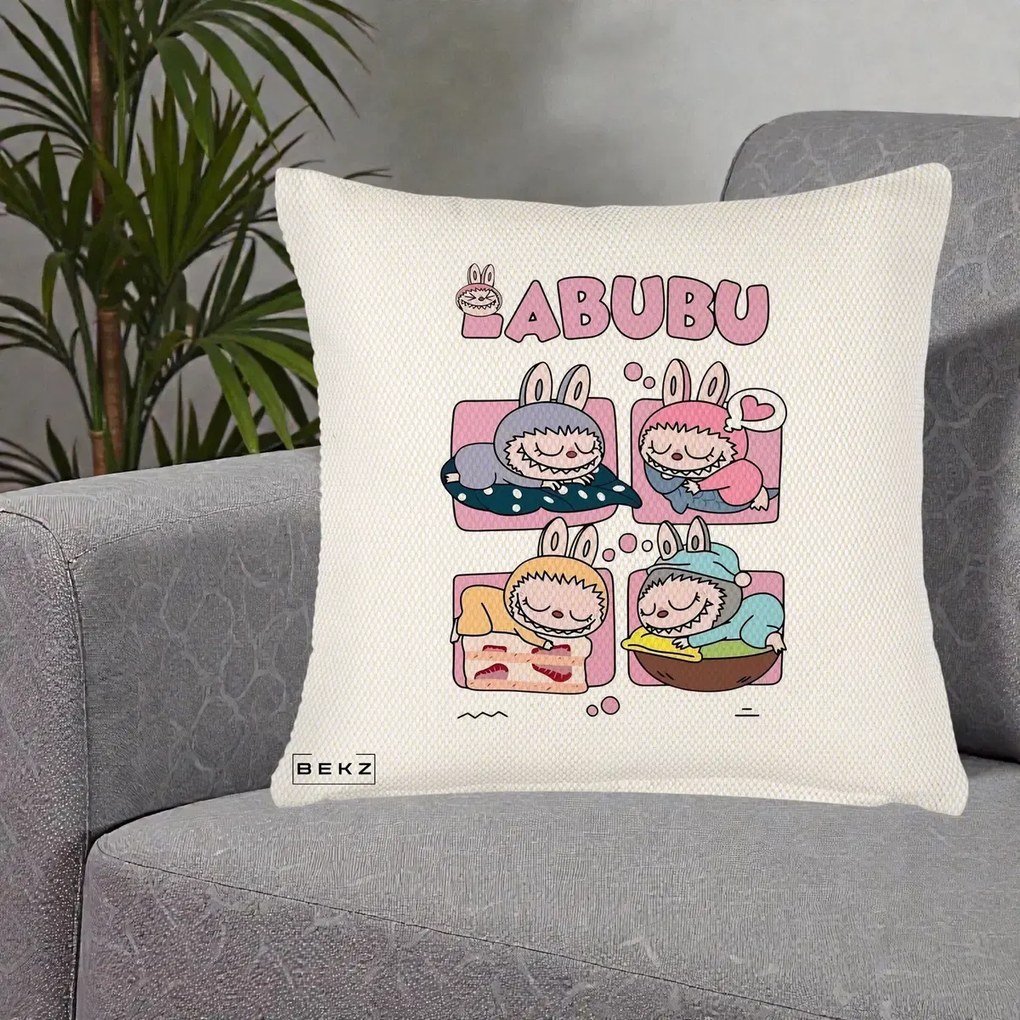 Perna Personalizata Labubu Sleeping Quad Grid, 40x40 cm, Crem Reliefat, Husa Detasabila, Perna Inclusa, BEKZ®