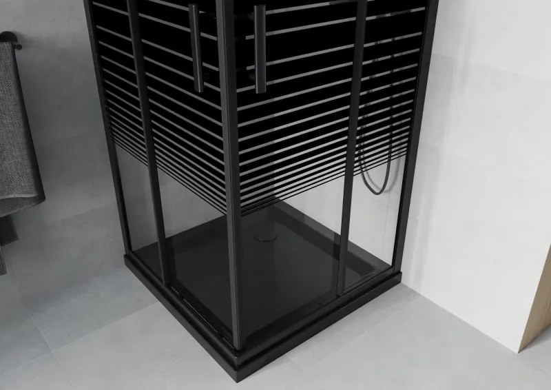 Mexen Rio cabina de duș pătrată 70 x 70 cm, dungi negre, negru + cadă Flat, negru - 860-070-070-70-20-4070B