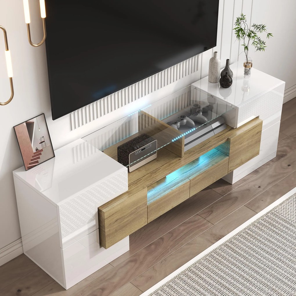 Dulap TV cu iluminare LED, suprafețe din sticlă, cu 6 uși, 2 sertare și 3 compartimente, 145x30x51 cm, Alb+Natur.