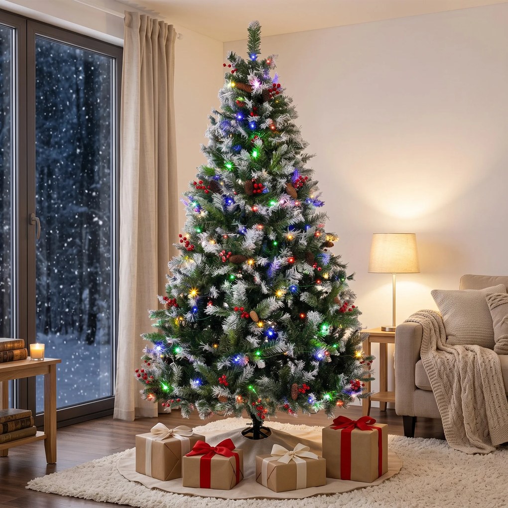 HOMCOM Brad de Crăciun Înzăpezit 210 cm, 400 de Lumini LED Bicolore, Telecomandă, 11 Modalități, 1253 de Ramuri, Conuri de Pin, Fructe Roșii | Aosom Romania
