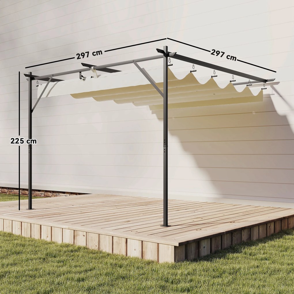 Outsunny Pergolă Adosată 3x3 m cu Acoperiș Retractabil, Orificii de Drenaj, Pergolă de Grădină din Poliester și Oțel, pentru Terasă, Exterior, UV30+, Alb Crem | Aosom Romania
