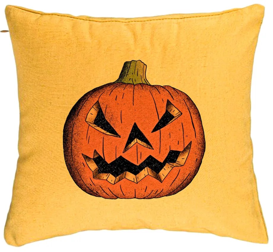 Perna Decorativa cu motiv Dovleac de Halloween 2, 40x40 cm, Galben, Husa Detasabila, Burduf