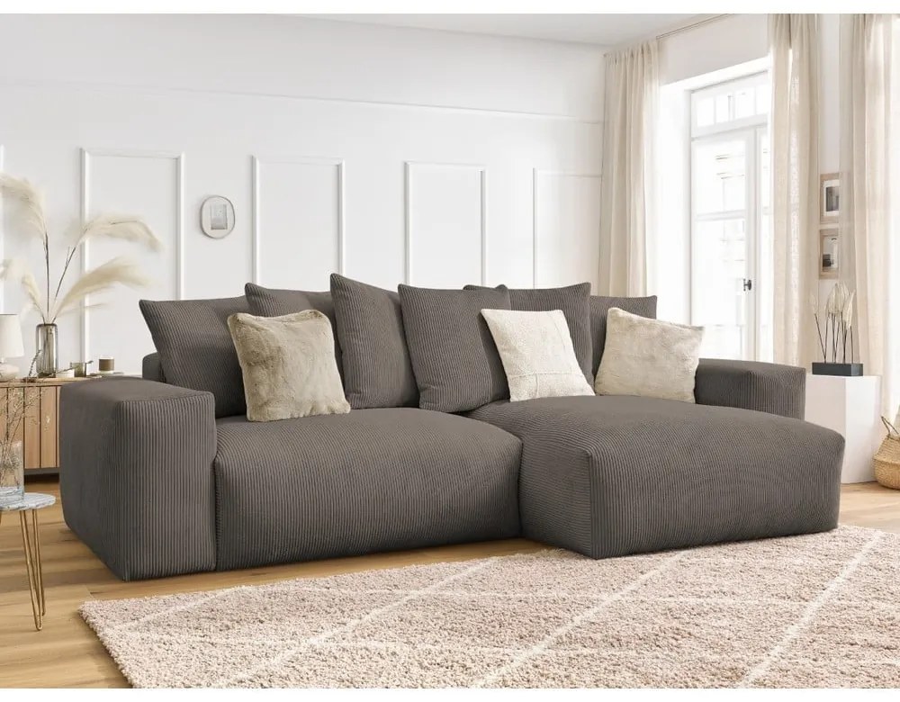 Colțar taupe extensibil/cu spațiu de depozitare cu tapițerie din catifea reiată Voltaire – Bobochic Paris