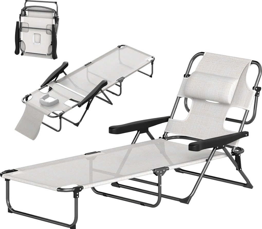 Outsunny Șezlong de grădină pliabil, spătar reglabil pe 4 niveluri, orificiu pentru lectură și suport pentru cap 72 x 194 x 89 cm crem | Aosom Romania