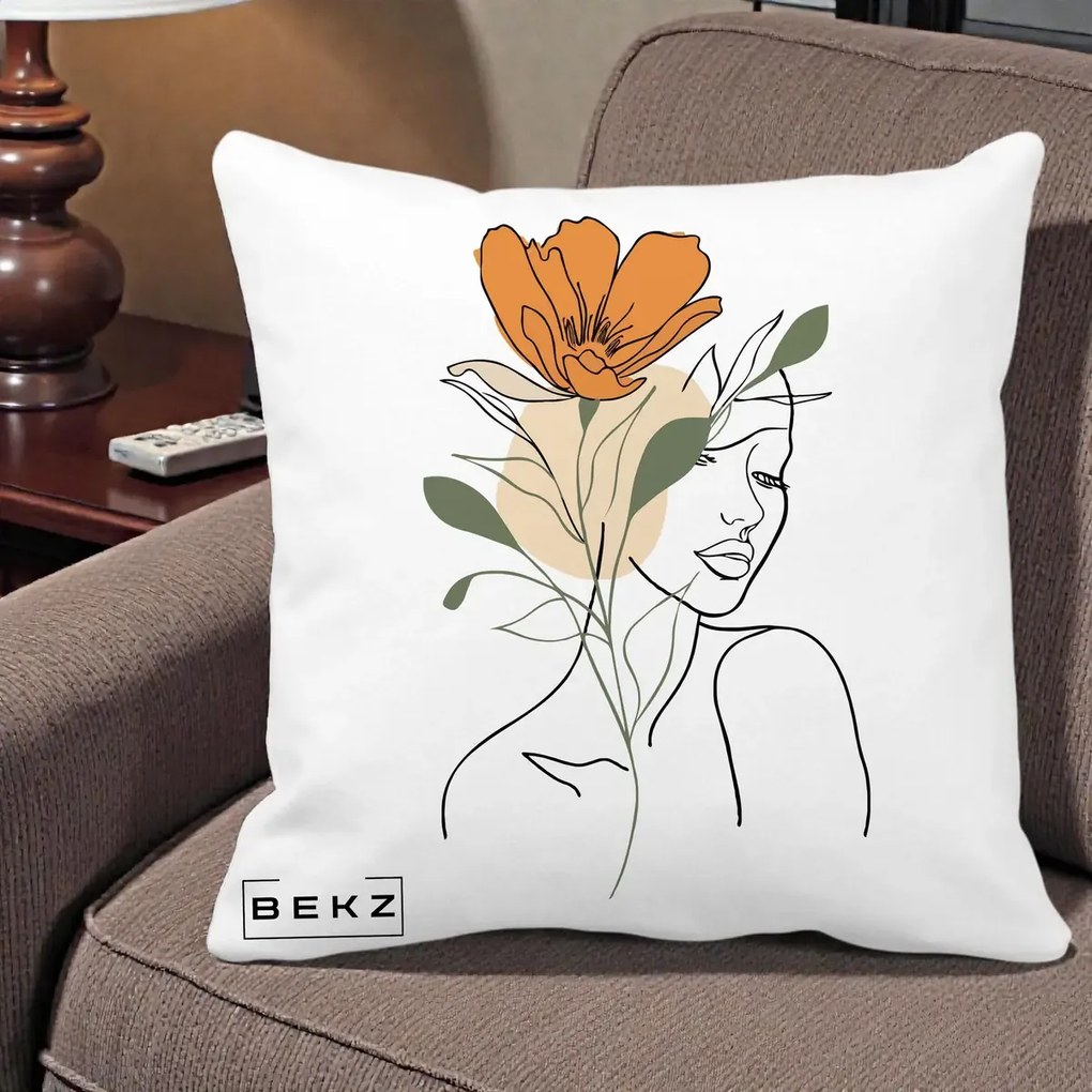 Perna Decorativa Portret Feminin Floare Portocalie, 40x40 cm, Alba Mata, Husa Detasabila, Perna Inclusa, BEKZ®