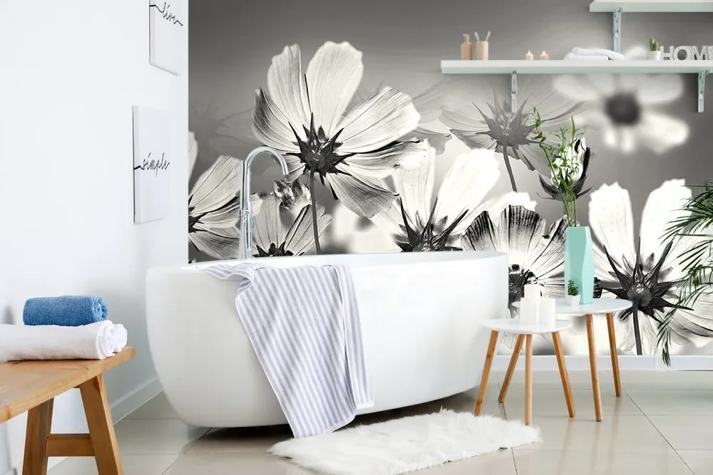 Tapet flori în design alb-negru