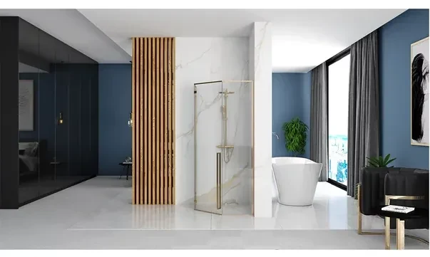 Cabina dus cu cadita de dus pentagonala si usa batanta Rea Diamond 90x90 auriu - negru