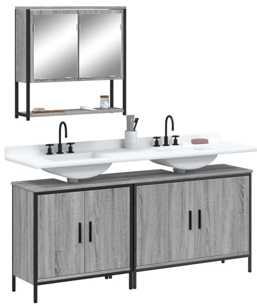 vidaXL Set mobilier de baie, 3 piese, gri sonoma, lemn prelucrat