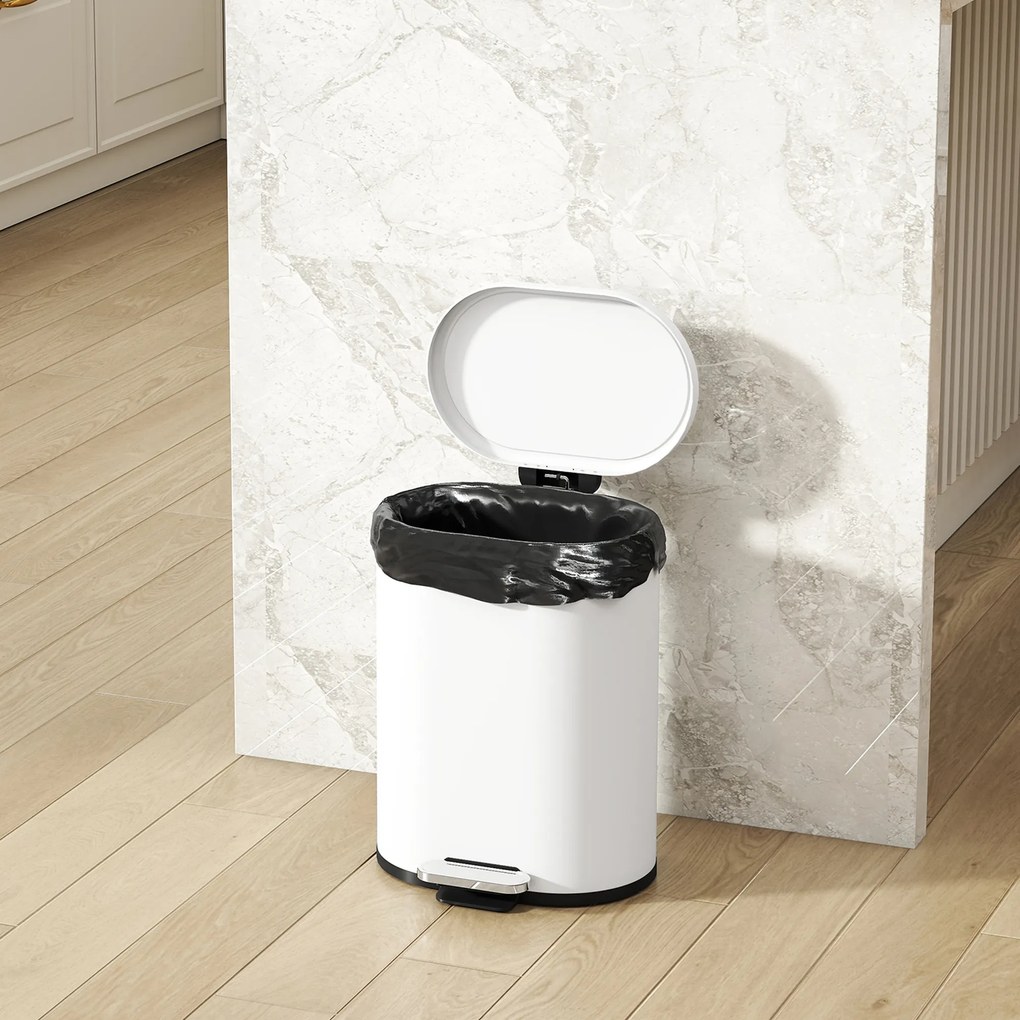 HOMCOM Coș de gunoi dreptunghiular cu pedală 12L din metal, cu găleată interioară detașabilă, închidere lentă, alb | Aosom Romania