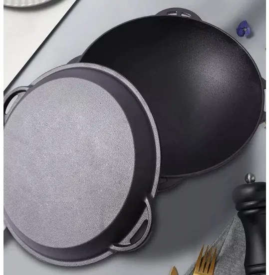 Oala fonta wok cu capac, 3 in 1, 32cm, Perfect Home 12411, capac tigaie
