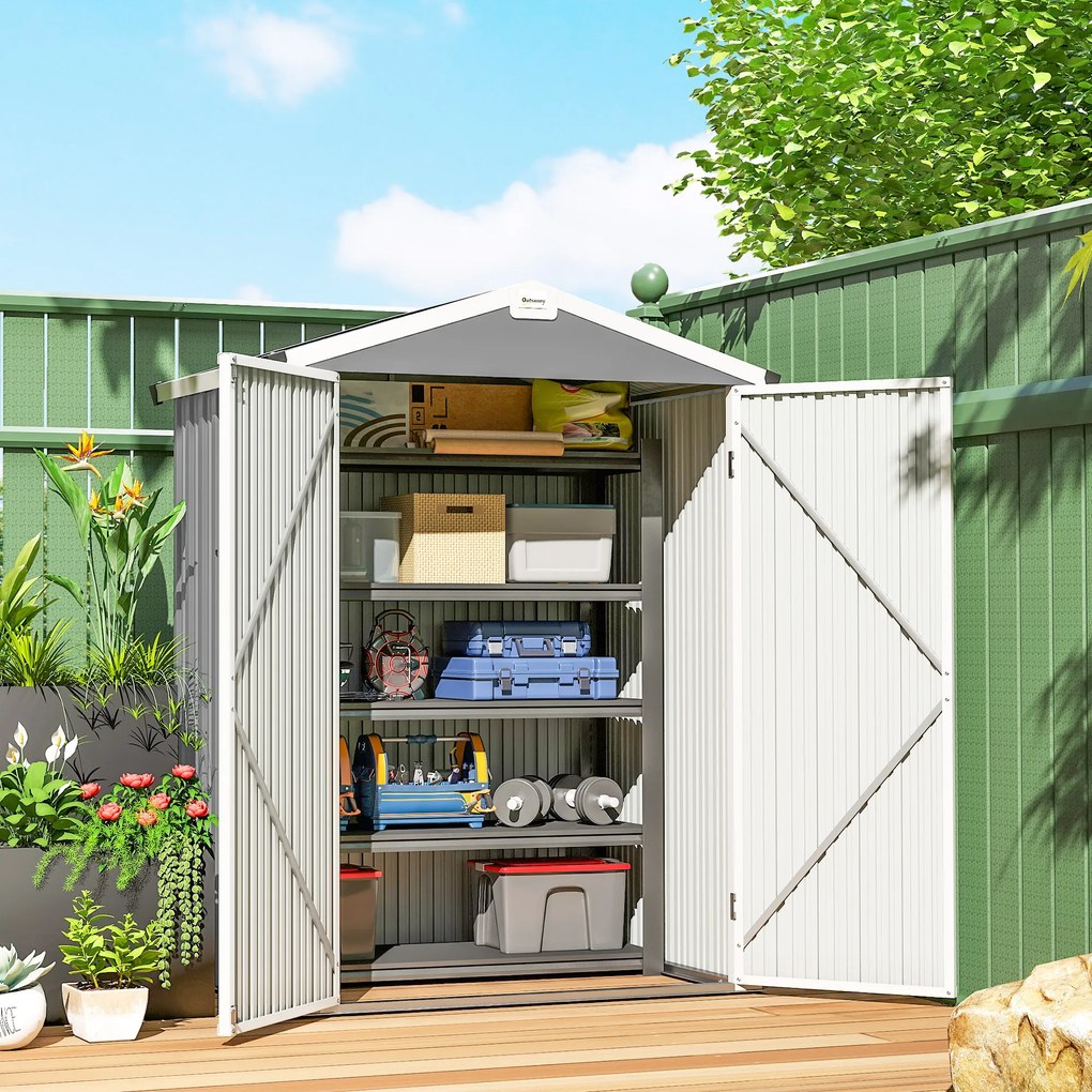 Outsunny Magazie de Grădină 1.1m² din Oțel Zincat, Magazie cu Porți Duble Largi Blocabile, Acoperiș Înclinat, Mănuși, Spațiu pentru Unelte, 133x87x178 cm, Gri Argintiu | Aosom Romania