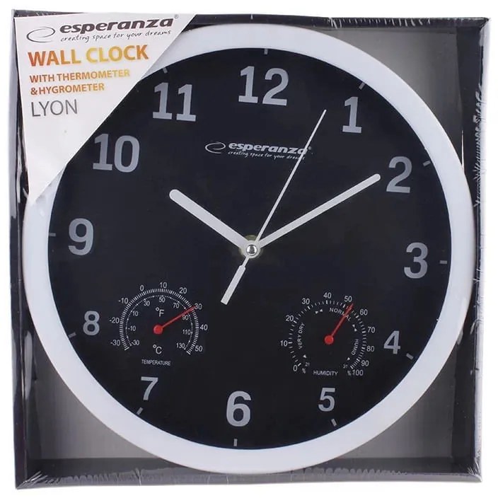 Ceas de perete Esperanza Lyon EHC016K, Analog, Higrometru, Termometru, Negru