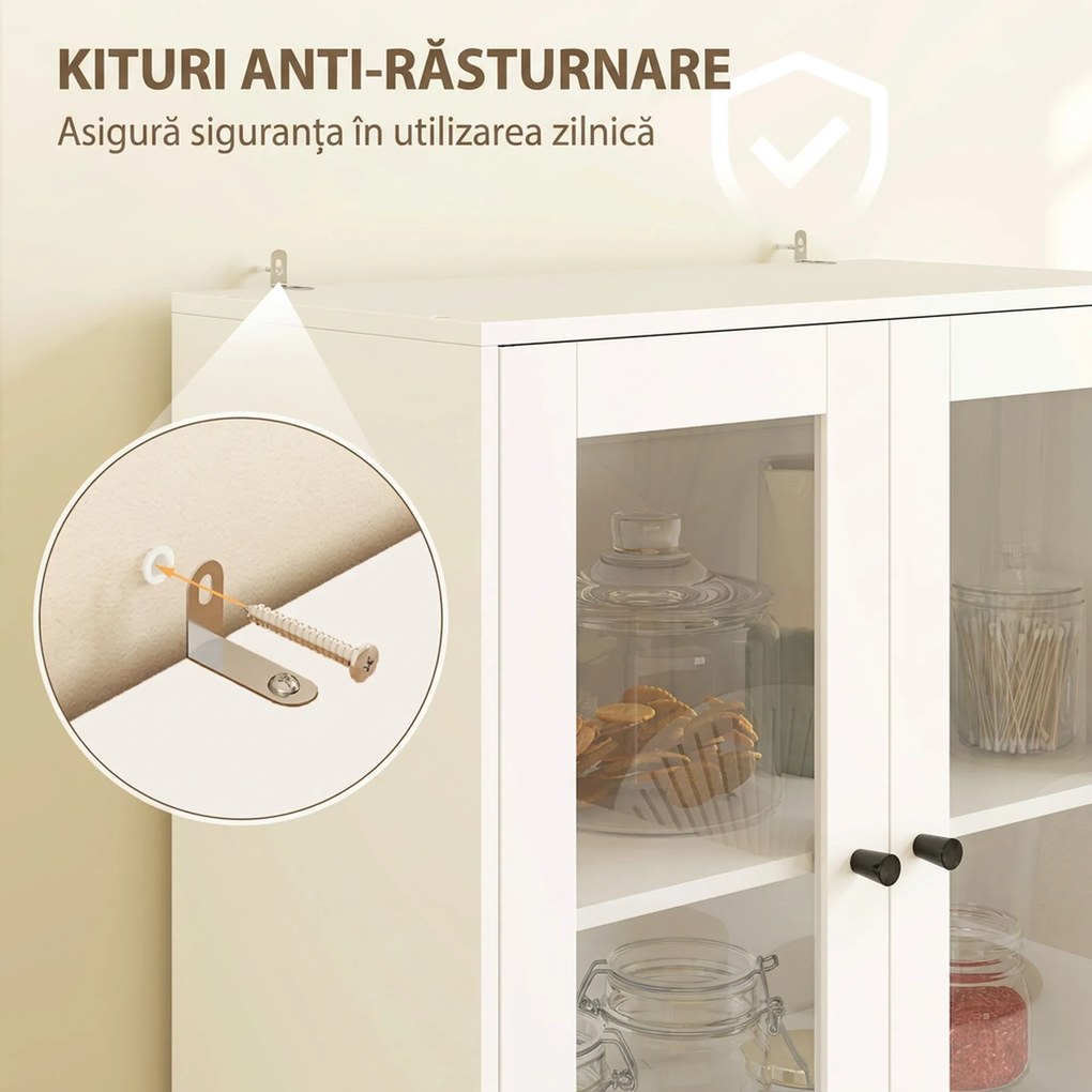 HOMCOM Vitrină Înaltă de Bucătărie 170 cm, 4 Uși din Sticlă, 2 Sertare, Polițe Reglabile, pentru Dining și Living, Alb | Aosom Romania