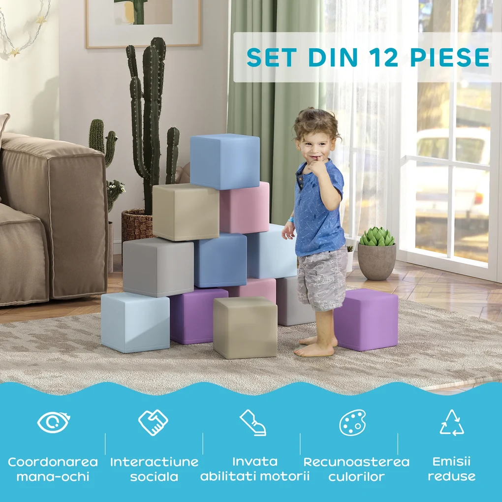 HOMCOM Set 12 Cuburi de Jucărie Moi pentru Copii 12-36 Luni, 20x20x20 cm, Multicolor Deschis | Aosom Romania