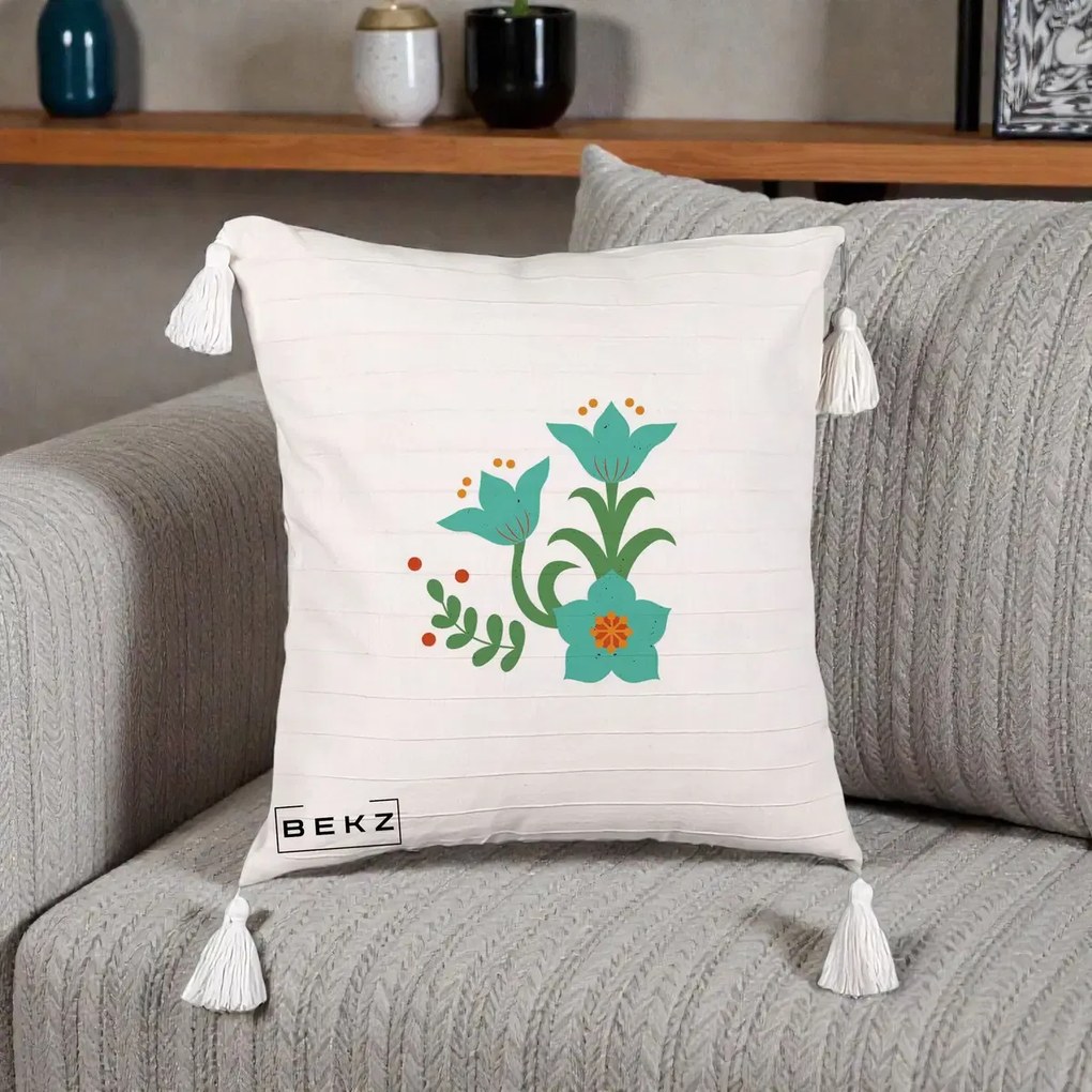 Perna Decorativa Flori Stilizate Folk Turcoaz, 40x40 cm, Bej cu Franjuri, Husa Detasabila, Perna Inclusa, BEKZ®