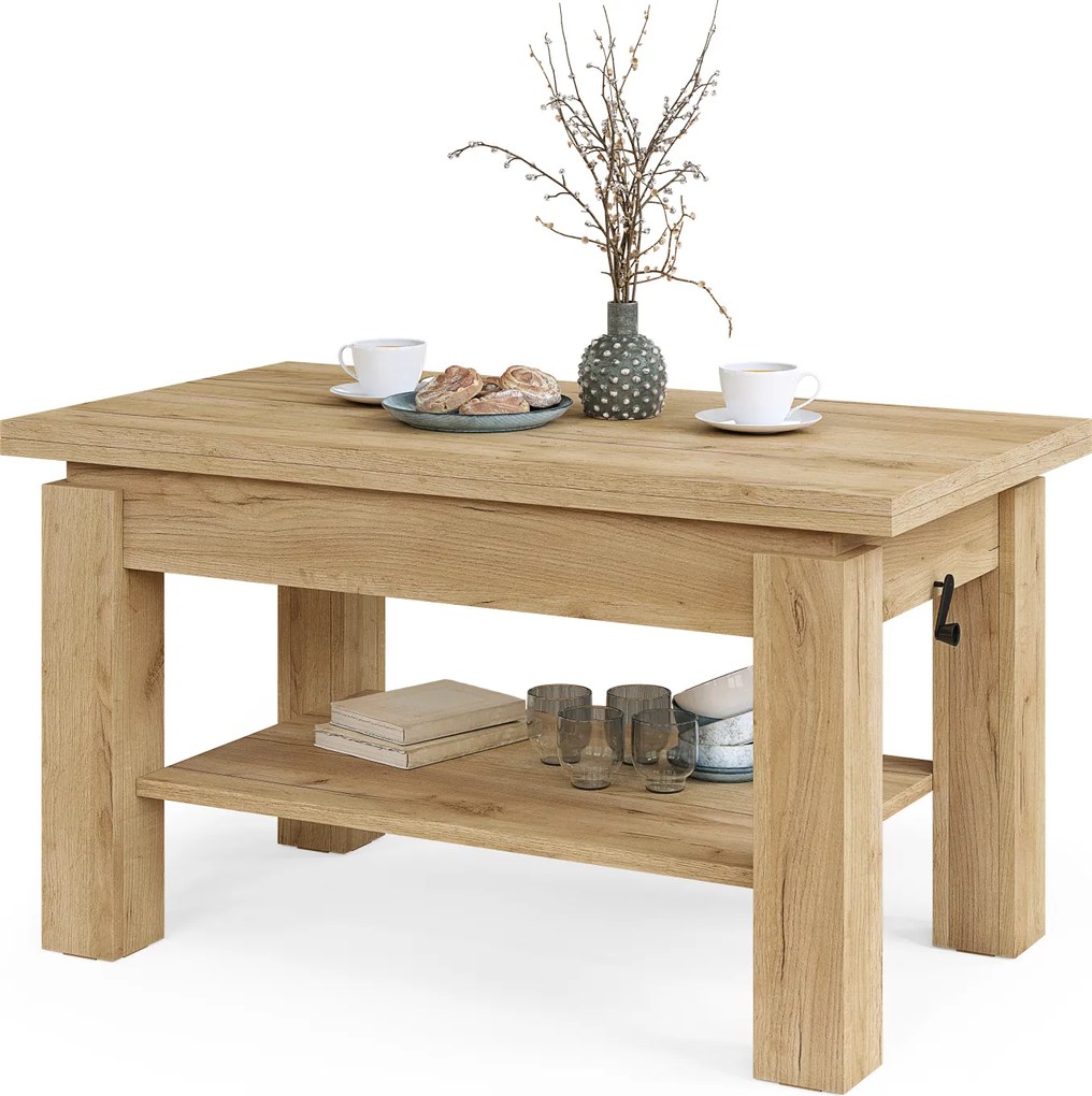 Mazzoni BRAWO Stejar Craft Auriu - MĂSUȚĂ DE CAFEA CU BLAT EXTENSIBIL ȘI RIDICABIL MASĂ CU RAFT