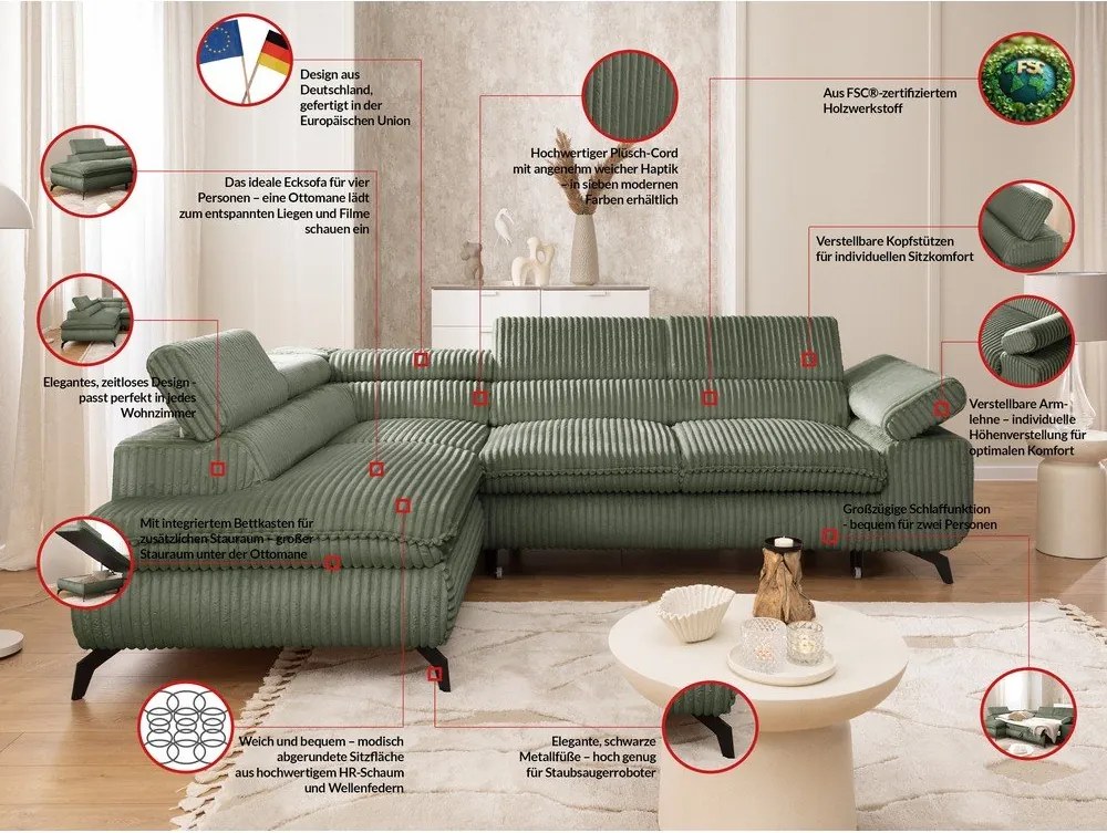 Colțar verde cu tapițerie din catifea reiată (cu colț pe partea stângă/în formă de ”L”) Marbeya – Ropez