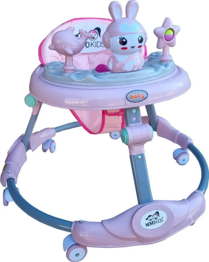 Premergator reglabil in 6 trepte de inaltime NOVOKIDS™ Happy Bunny, Cu melodii si lumini, Pliabil, Max 20 kg, Roti silentioase, Model Iepuras, Roz
