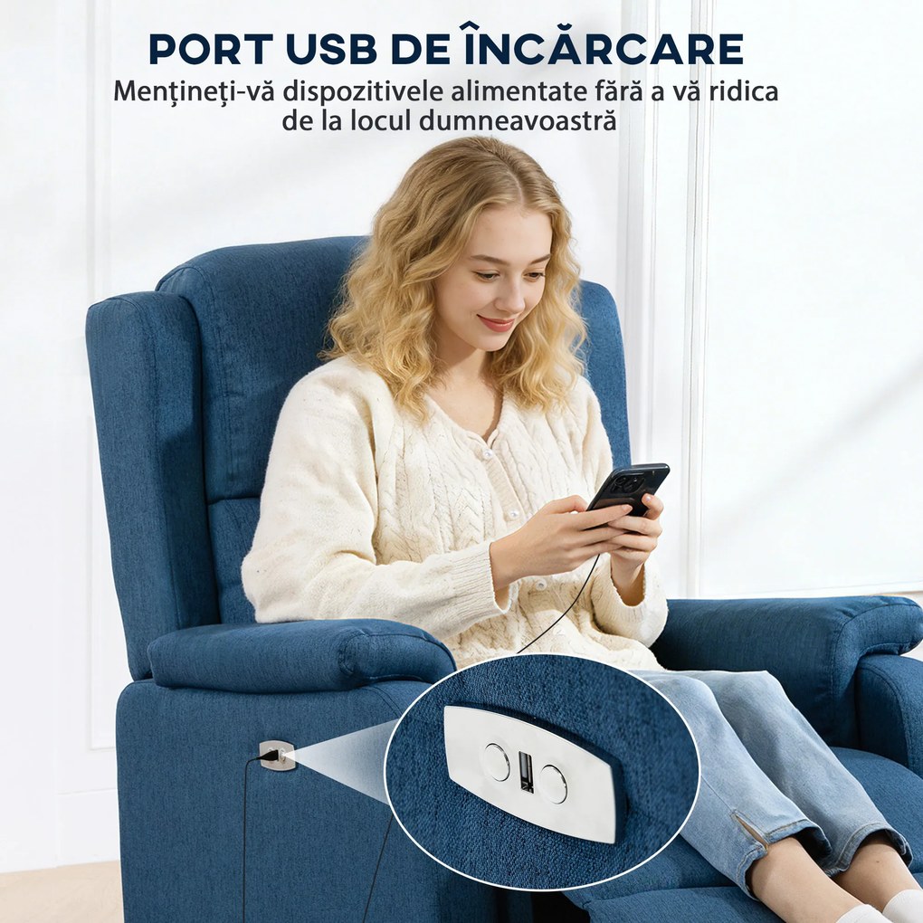HOMCOM Fotoliu Relax Electric Reclinabil 150° cu Suport pentru Picioare și Port USB, Fotoliu Reclinabil Electric cu Cotiere Largi, Material cu Aspect de In, pentru Living, Dormitor, Albastru | Aosom Romania