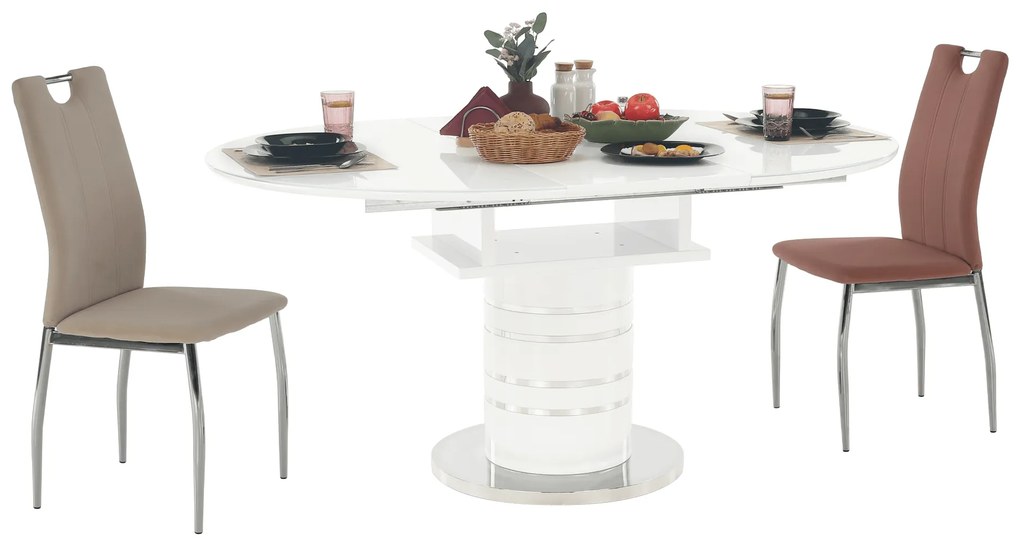 Masă dining extensibilă, alb extra lucios HG, diametru 120 cm, ZAMON