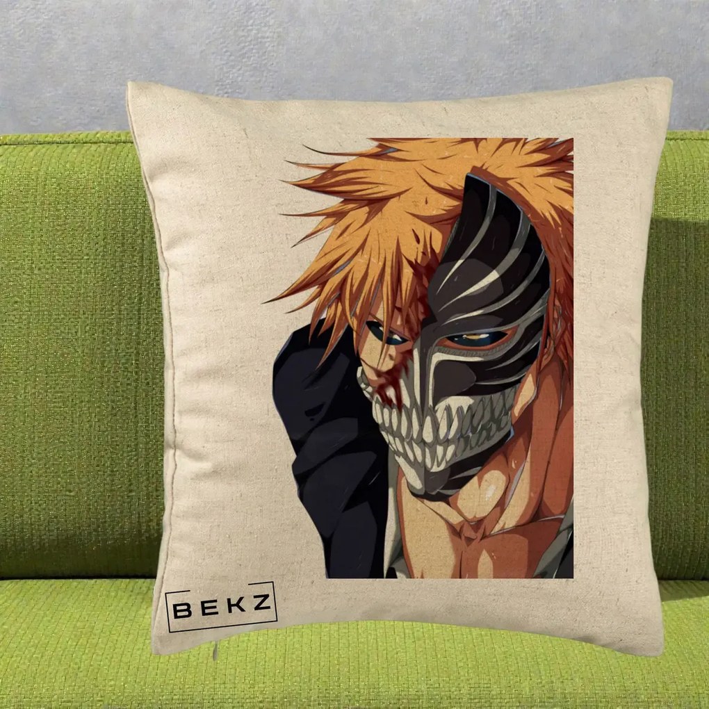 Perna Personalizata Bleach Ichigo Masca Hollow, 40x40 cm, Bej, Husa Detasabila, Perna Inclusa, BEKZ®
