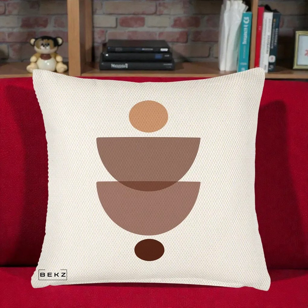 Perna Decorativa Geometric Boho Semicercuri Brun, 40x40 cm, Crem Reliefat, Husa Detasabila, Perna Inclusa, BEKZ®