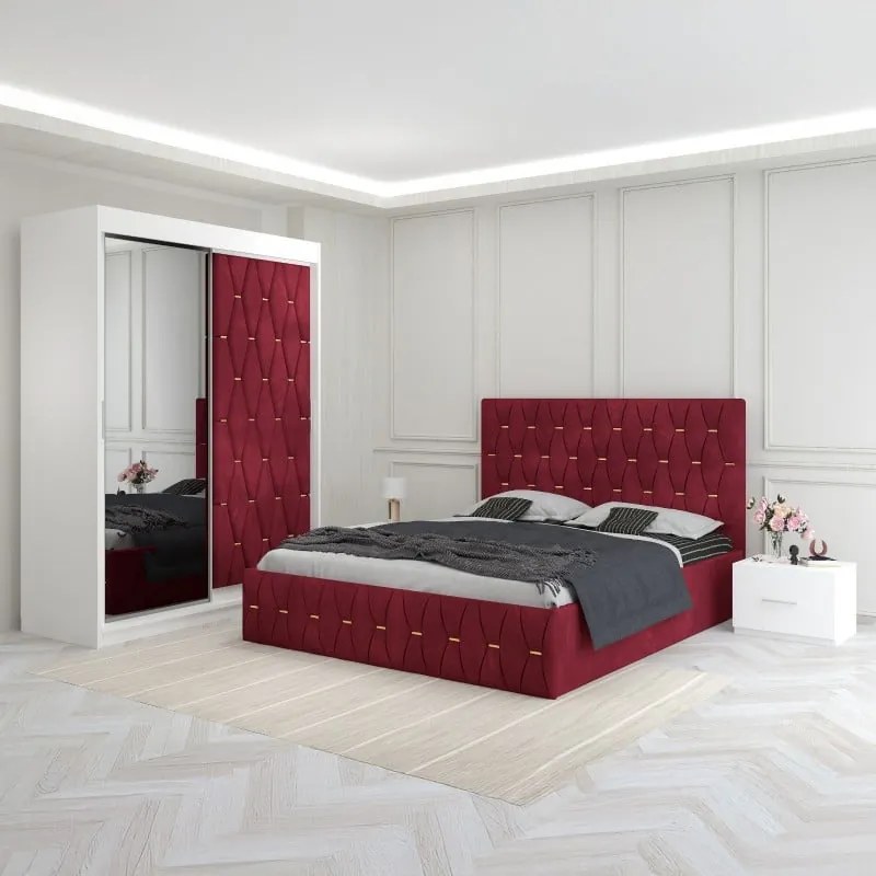 Set Mobila De Dormitor Eric Rosu, Usa Tapitata, pat tapitat 160x200cm,  dulap cu oglinda 150x210cm, noptiere