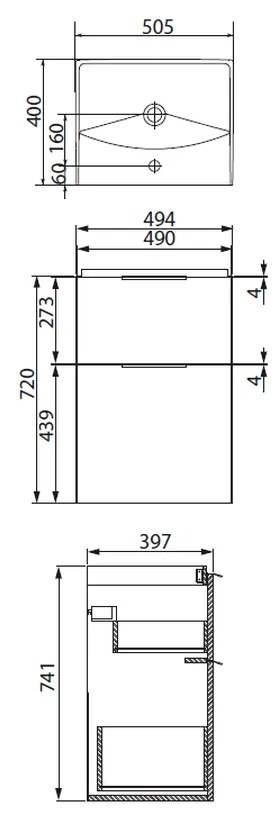 Dulap cu lavoar, 74x49x40 cm, 2 sertare, alb 500x400 mm
