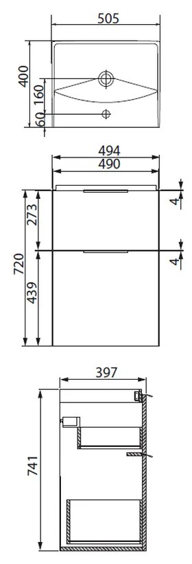 Set dulap baie suspendat 2 sertare cu lavoar Cersanit City inclus, 50 cm, alb 500x400 mm