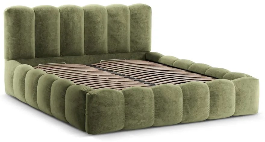 Pat matrimonial verde tapițat cu spațiu de depozitare cu somieră 180x200 cm Lupine – Micadoni Home
