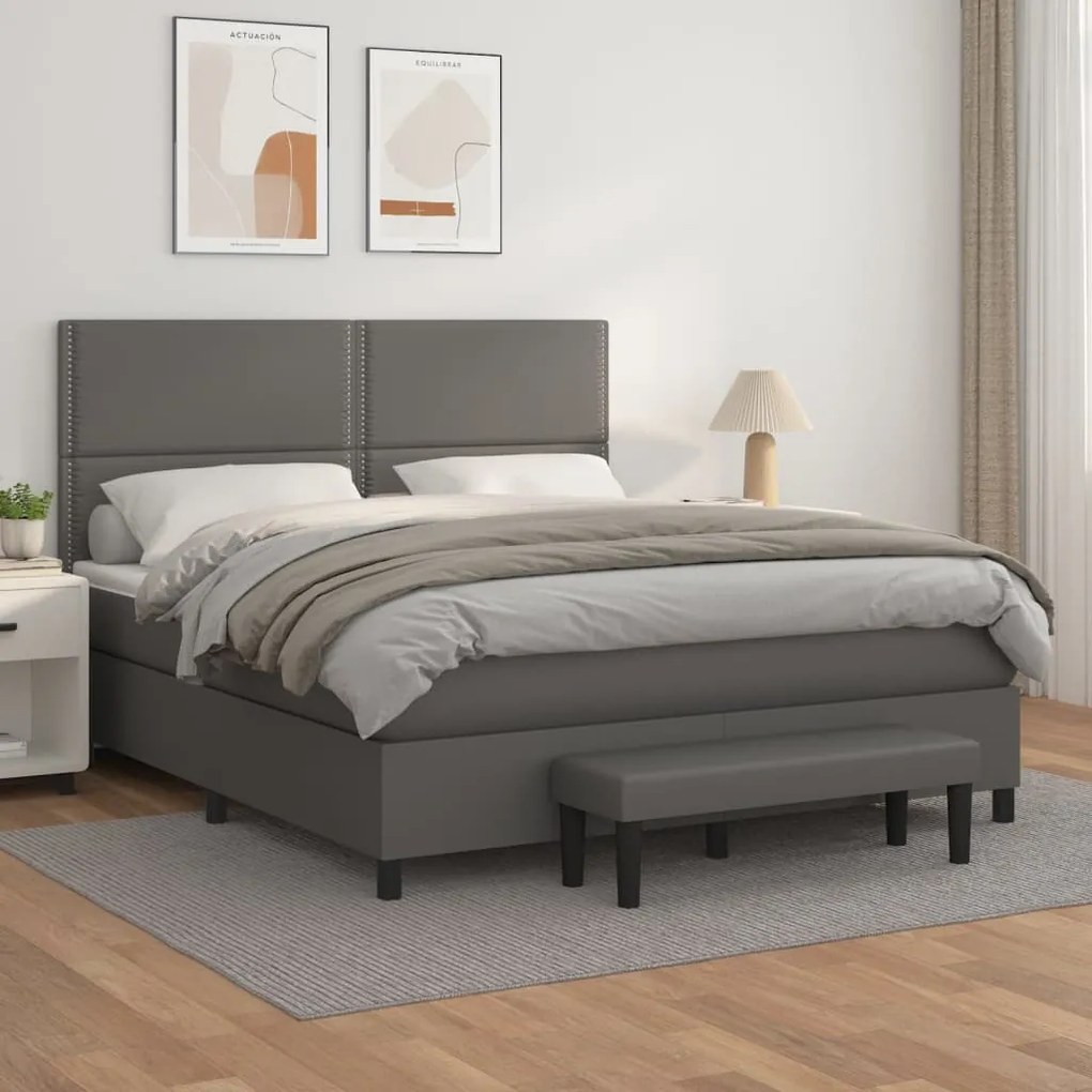 3137615 vidaXL Pat box spring cu saltea, gri, 160x200 cm, piele ecologică