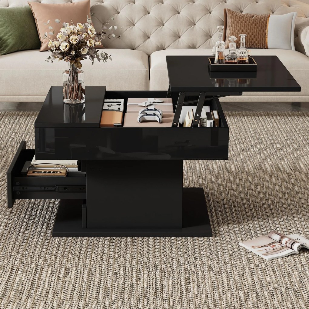 Masă de cafea rotativă 360° cu funcție de ridicare, spațiu de depozitare ascuns și 1 sertar, 70x70x45 cm, Negru