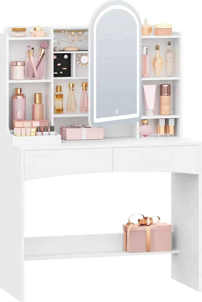 Masuta machiaj cu Oglinda LED si 2 Sertare pentru Cosmetice, Set Masa toaleta 90 cm, Alb, masuta cosmetica, vanity - SEA910