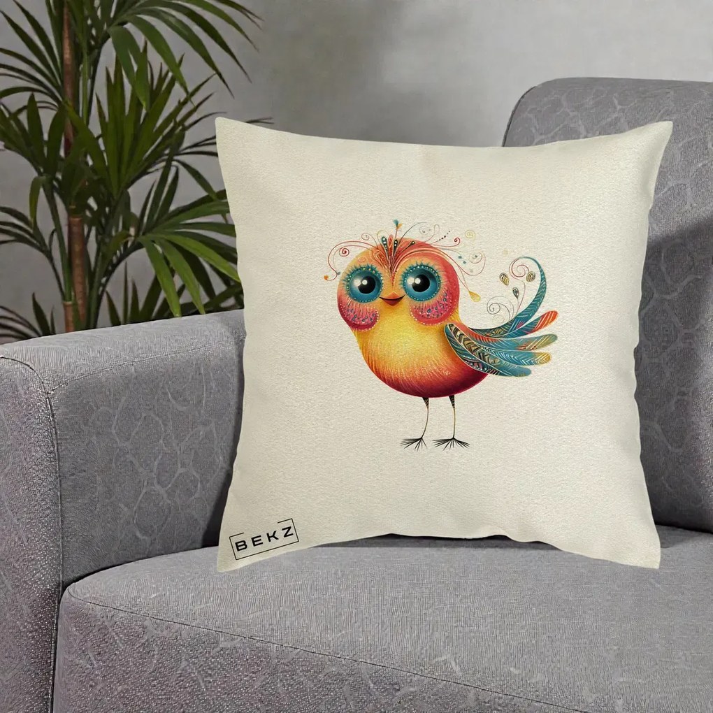 Perna Decorativa Pasare Vibranta cu Aripi Ornamentale, 40x40 cm, Ecru, Husa Detasabila, Perna Inclusa, BEKZ®