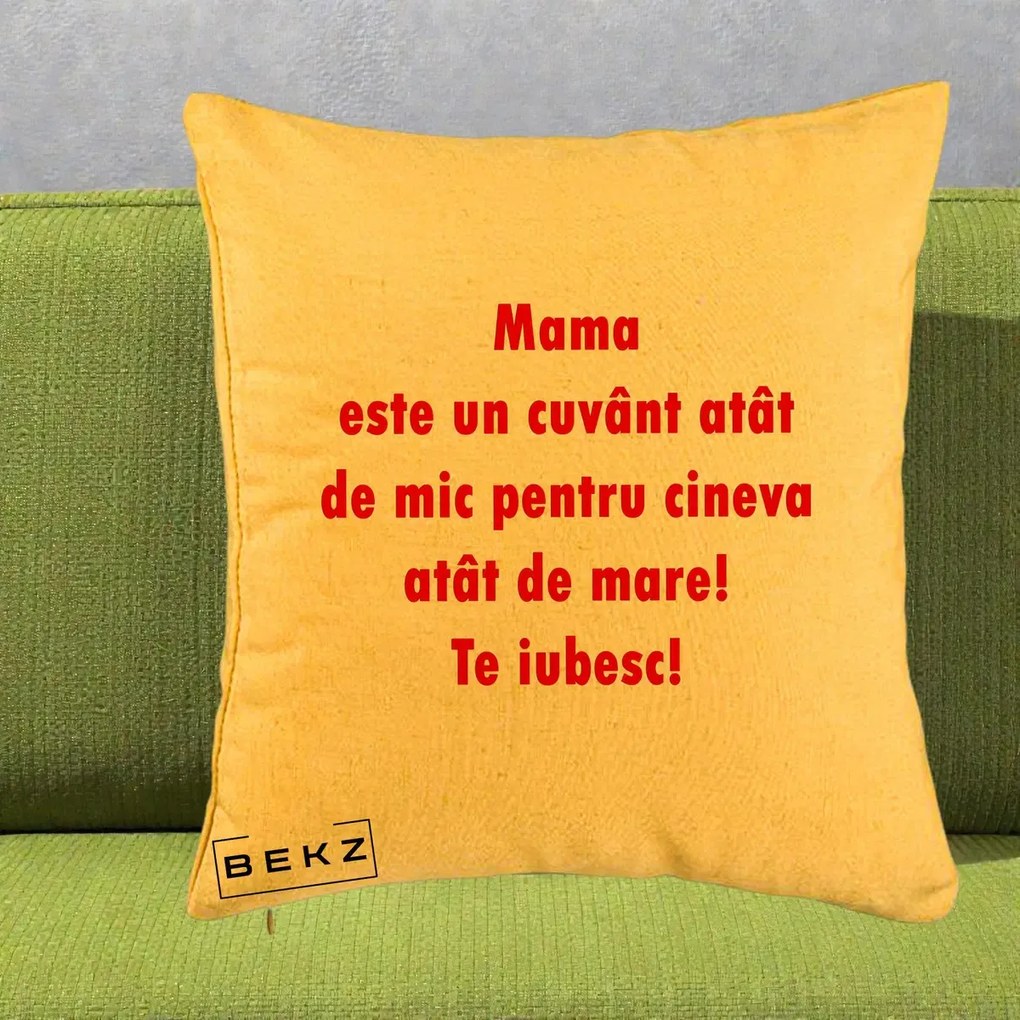Cadou pentru Mama - Perna Personalizata Mama Cuvant Mic, 40x40 cm, Galben, Husa Detasabila, Perna Inclusa, BEKZ®